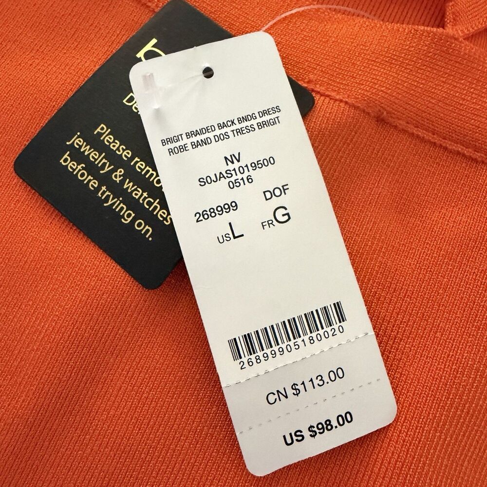 Bebe Brigit Braided Back Bandage Dress Neon Orange Strappy Bodycon L NWT - Picture 9 of 11